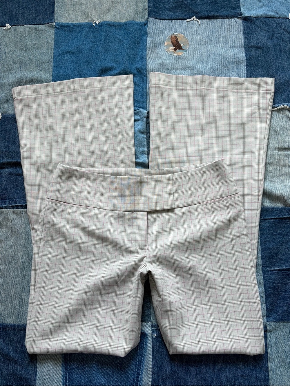 Y2K Express Low Rise Plaid Flare Trouser Publicist Pants Grey Pink Office Size 2